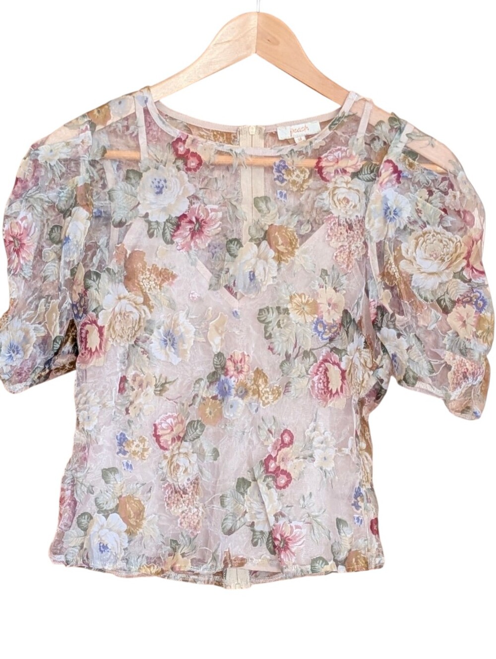 Peach Brand Floral Sheer Puff-Sleeve Blouse Multicolor M Cottagecore Fairy Roses